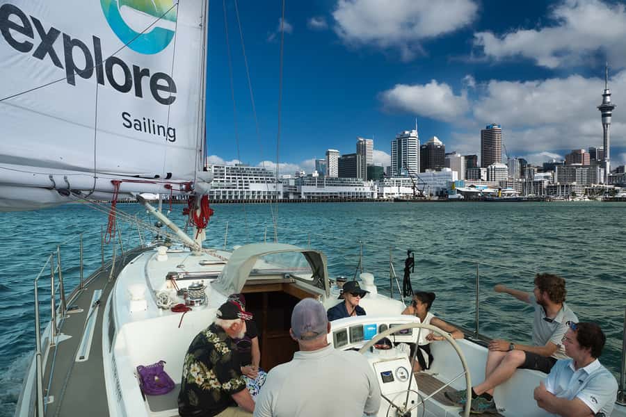 Auckland Harbour 1.5-Hour Sailing Cruise - The main loop: Sky Tower, Auckland Harbour Bridge, and the skyline from water level